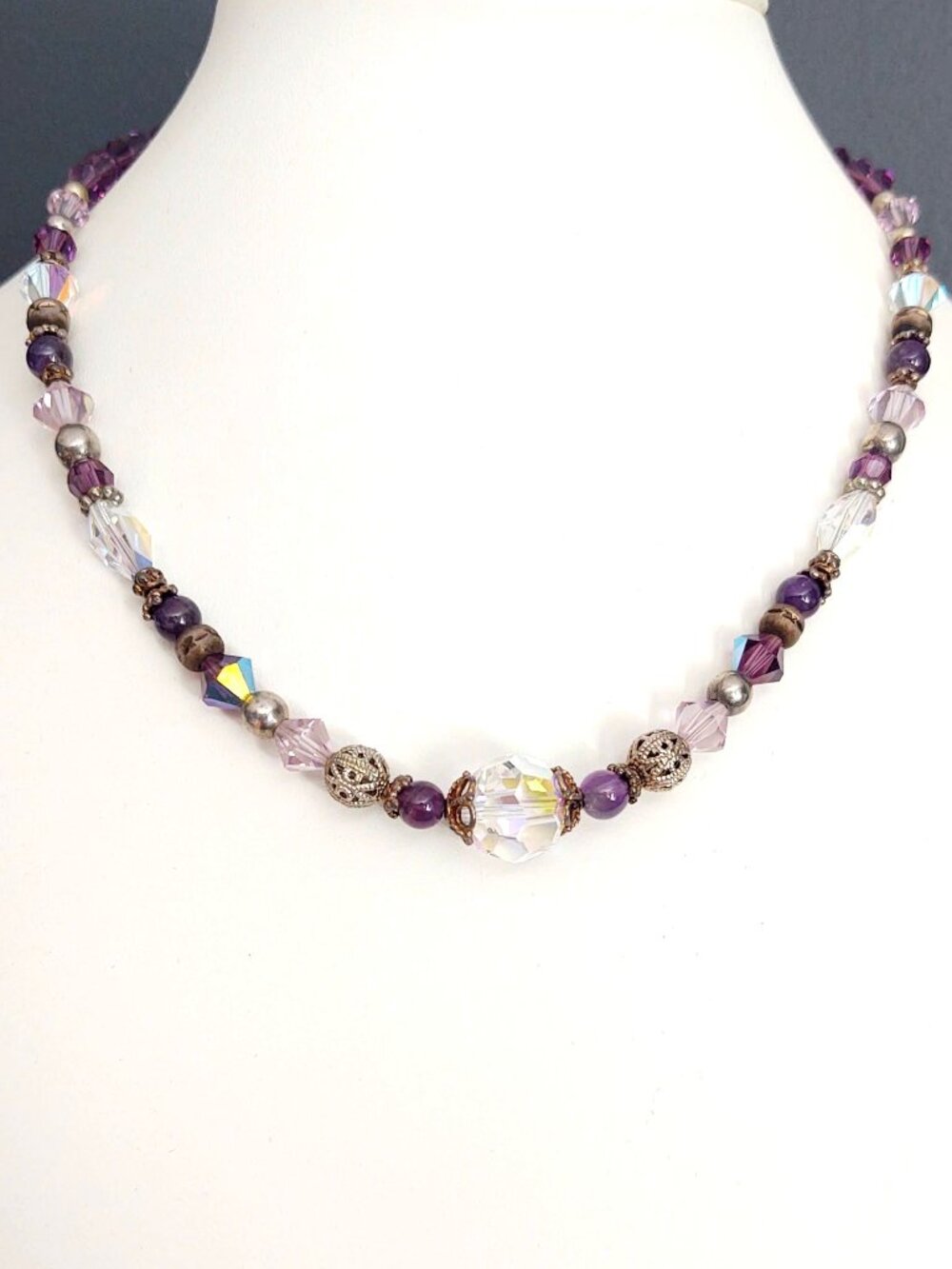 Purple and clear glass necklace with silver accents